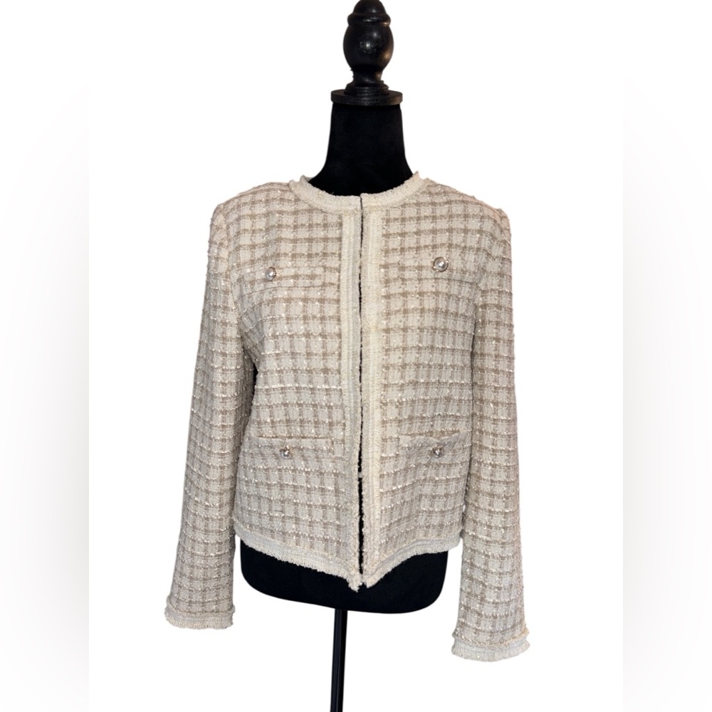 Tahari Cream Tweed Bouclé Jacket - Collarless Metallic Blazer Size Small